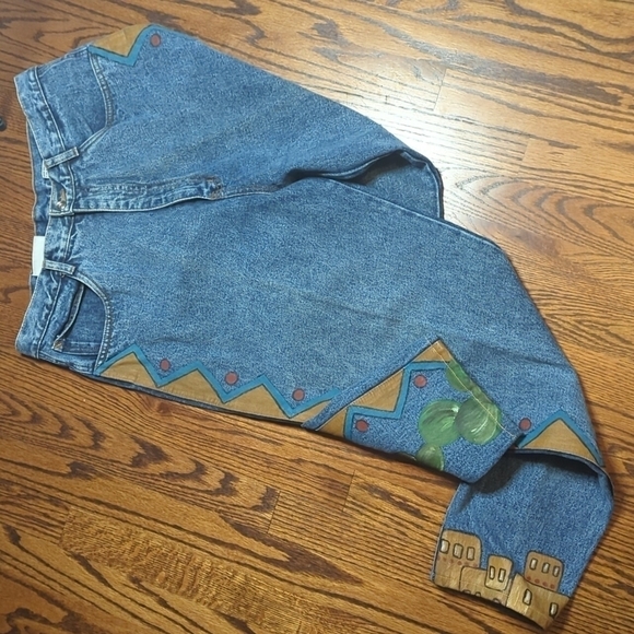 Vtg Bill Blass southwest hand painted design denim tapered stonewash jeans sz 32 - Picture 7 of 10
